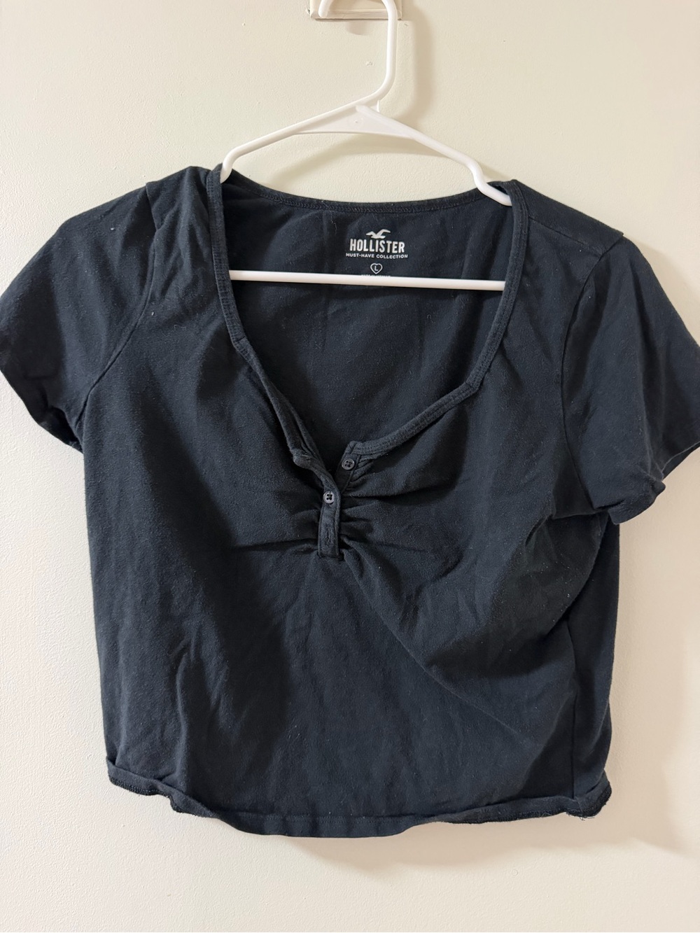 Hollister Black Short Sleeve Cropped Henley Top